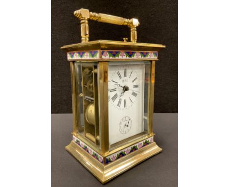 A late 20th century French champlevé enamelled brass carriage clock time piece, striking manual wind movement, white dial sig