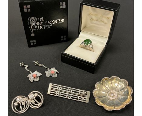 Jewellery - a pair of Charles Rennie Mackintosh design silver earrings, and brooch;  deep green cabochon silver mounted ring,