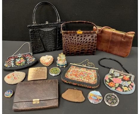 Vintage Handbags - leather crocodile skin effect bags, others snakeskin effect, floral embroidered, powder compacts etc.