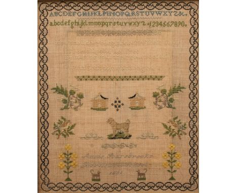 A Victorian needlework poetic and pictorial sampler, 'How shall the young reserve their ways [...],' signed Annie Scarsbrooke