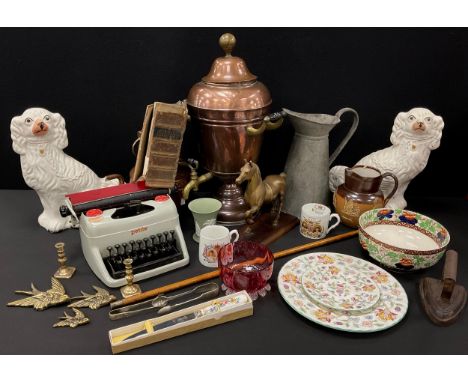 Boxes and objects - copper samovar, 51cm high, copper kettle, pair of Staffordshire dogs, Minton Haddon Hall plates, Royal Do