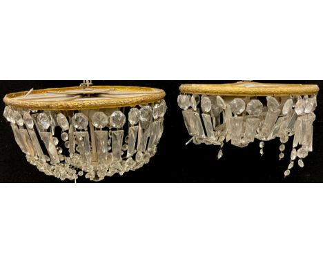 Lighting - a pair of glass and gilt metal ceiling lights, each with beaded drops, cast collars 31cm diameter; another smaller