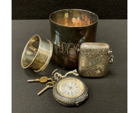 A Continental 935 silver pocket watch; a late Victorian silver vesta case, Birmingham 1900; etc (4)