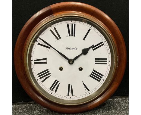 An early 20th century mahogany cased school or office wall clock, by Ansonia Clock Co, white dial, bold Roman numerals, two w
