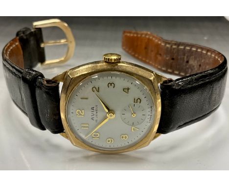 A 1950s Avia 9ct gold cased wristwatch, silver dial, raised Arabic numerals, subsidiary seconds, manual wind 15 jewel movemen