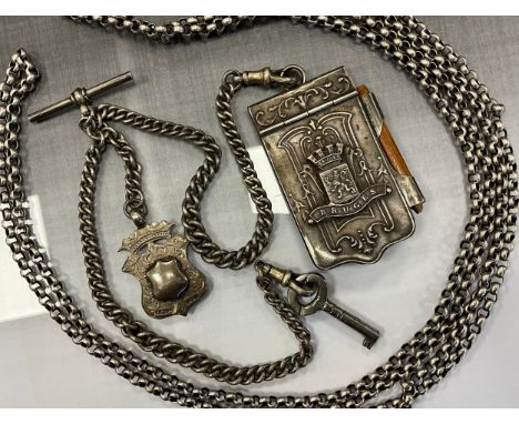 A silver graduated double Albert chain, note pad and key terminals, Tbar, approx 38cm long;  silver muff/guard chain, approx 