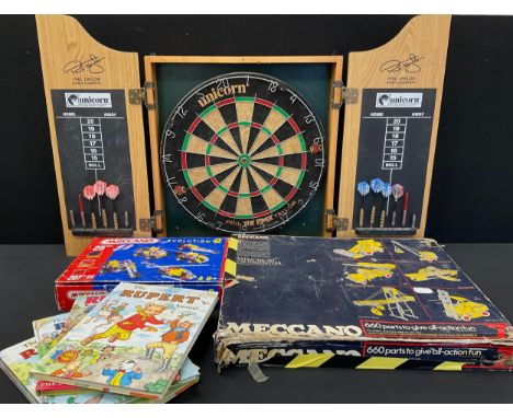 Toys &amp; Juvenalia - Meccano sets no 7 and Evolution 2, both boxed;  Rupert annuals Phil Power Taylor dart board with assor