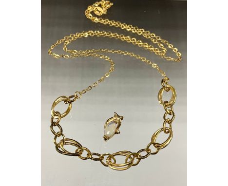 An Italian Dyadema 14ct gold multi-loop necklace, 45cm long, 2.2g; an opal pendant yellow metal mount, stamped 585, 0.5g gros
