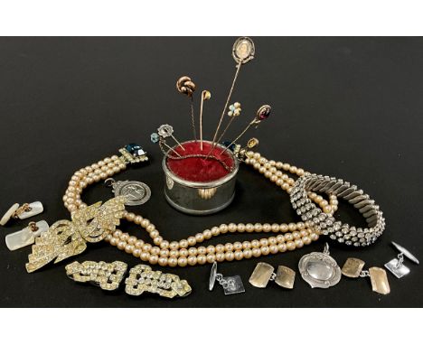 Jewellery, a 15ct gold mounted turquoise and seed pearl tie pin, another opal with unmarked yellow metal mount, others rolled