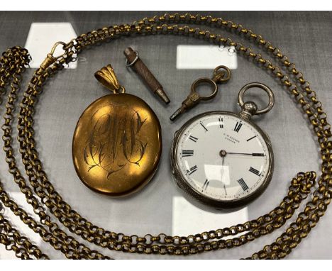 A Victorian gold plated oval locket pendant, with guard chain necklace; a J W Benson fine silver cased pocket watch
