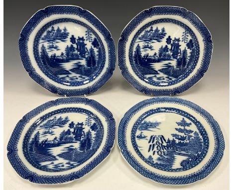A set of three 19th century English blue and white octagonal dinner plates and another similar, transfer print of oriental sc