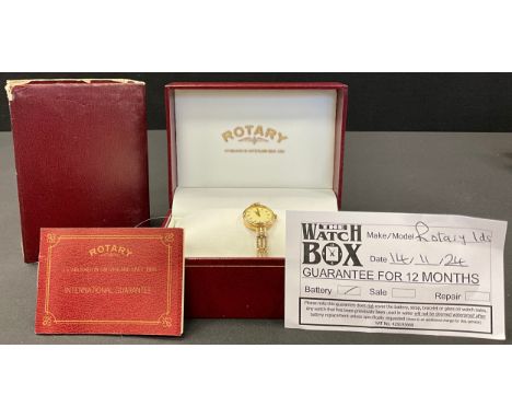 A Rotary ladies 9ct gold cased wristwatch, fancy link 9ct gold strap, quartz movement, 10.6g gross , boxed