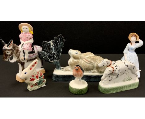 Rye pottery including; Recumbent rabbit on rectangular plinth, 20cm long, pair of dalmatians, 15cm long and others similar (6