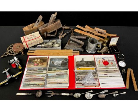 Edwardian and later postcards;  935 continental silver cased pocket watch, necklace, tools, brass hearts trivet, flatware etc