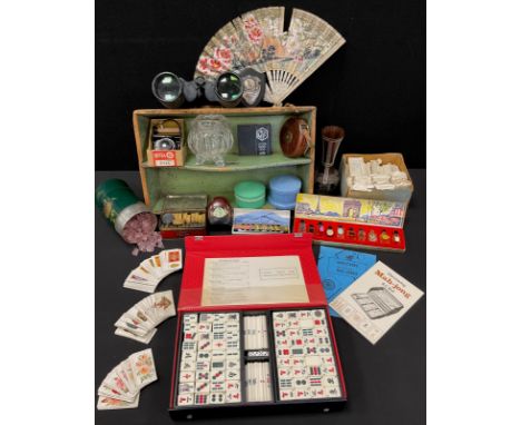 A painted pine cutlery tray,  Parfums de France boxed ten bottle scents collection, Mahjong set cased, pair of USSR 30M3 7x50