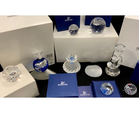 Swarovski Crystal paperweights and trinkets including; Crystal Jewellery Box, Collectible Blue Flower Design, 7cm high, Rococ