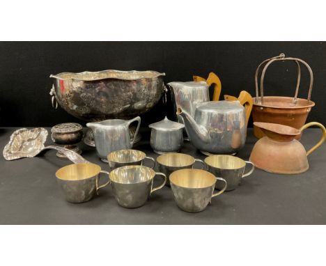 Metal ware - large punch, impressed floral decoration with Liam mast handles, 32cm diameter, conforming ladle and punch cups,