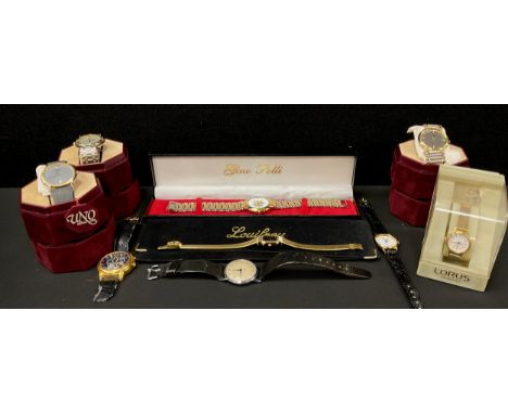 Watches - an Uno quartz wristwatch, grey dial, date aperture, gold plated case;  others stainless steel and gold plate, Gino 
