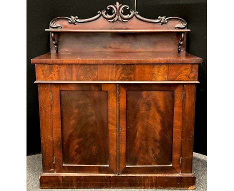 A Victorian mahogany Chiffonier cabinet, carved back, with single shelf, carved C-scroll brackets, single long drawer to frie