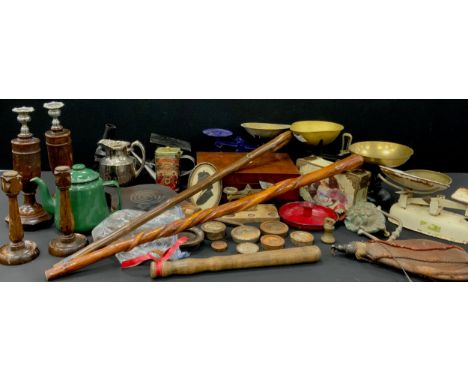 Boxes and objects - Victorian mother of pearl inlay writing slope, 30cm wide, enamel tea pot, set of scales, lion door knocke