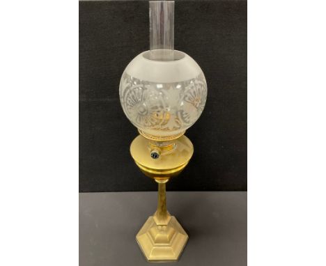 A late Victorian/Edwardian brass table oil lamp, Hinks’s Duplex patent burner, the globular shade etched in the Aesthetic Mov