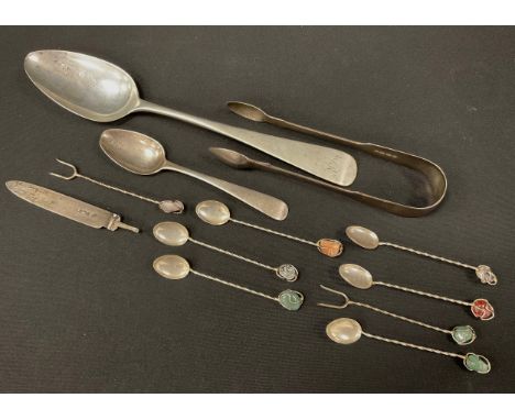 A George III Scottish silver serving spoon, Mitchell &amp; Russell, Edinburgh 1810;  sugar tongs, London 1830 etcv, 131g gros