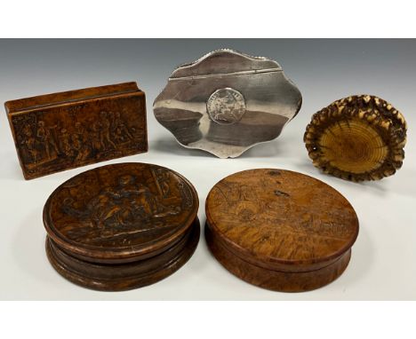 Snuff Boxes  - a 19th century pressed wood circular snuff box, Filial Pity, An elderly Prisoner condemned to die of Starvatio