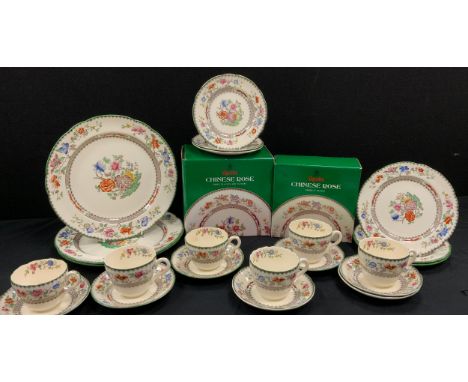 Spode Chinese table ware including; three dinner plates, three lunch plates, three side plates, six tea cups and saucer, part