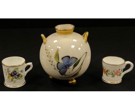 Royal Worcester twin handled three footed spherical vase painted with butterflies, 9cm high, c.1870, conforming miniature Wor