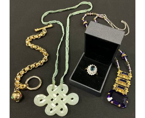 Jewellery - a carved soap stone or jade endless knot pendant necklace; a gold plated bar and ring clasp bracelet; an amethyst