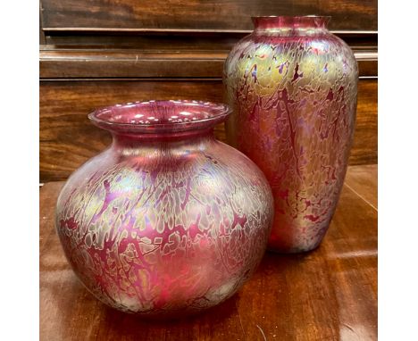 A Loetz style compressed ovoid form glass vase, in cranberry red with opalescent spot decoration, 16cm high x 16.5cm wide;  a