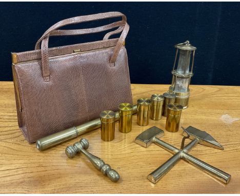 A snakeskin effect leather hand bag, Microscope lens inc E Leitz, Wetzlar, Carl Zeiss Jena, others empty tubes,  miniature mi