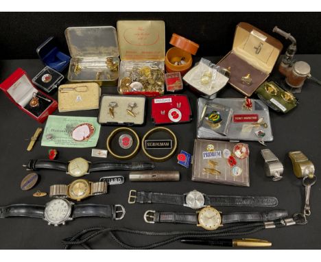 A continental 835 silver cigarette case, 84g;  others chrome, pocket lighter, Conway Stewart fountain pen, whistles, multi to