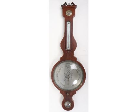 A large Regency J.B Nolli &amp; Co mahogany and satinwood banded aneroid barometer, signed J.B Nolli &amp; Co Leith Walk Edin