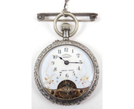 A silver (935) Hebdomas ladies pocket watch, retailed by P. Mehta of Bombay, enamel dial with Arabic numerals, 28g