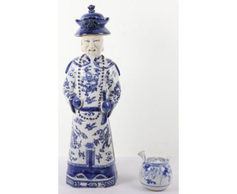 A Japanese Kyusu (teapot), Meiji period, blue and white, 10cmH, with a 20th century Chinese ceramic figure of a scholar, stam