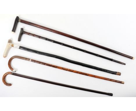 Five walking sticks, including a rosewood and banded stick, together with a square body stick and horn handle malacca stick, 