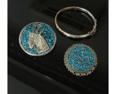 A Charles Horner silver child's bangle and two turquoise set brooches marked 925