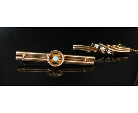 A 9ct gold diamond and sapphire set bar brooch and an opal set bar brooch stamped 9ct, 5.3g