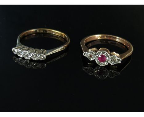 A 9ct gold platinum set ruby and diamond ring and a five stone diamond ring stamped 18ct and Plat. Sizes M and N/O, 4.3g