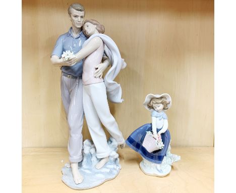 A large romantic Nao porcelain figurine, H. 36cm. Together with a further Lladro figurine of a girl.