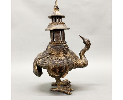 An unusual Chinese crane and pagoda bronze censer, H. 46cm.
