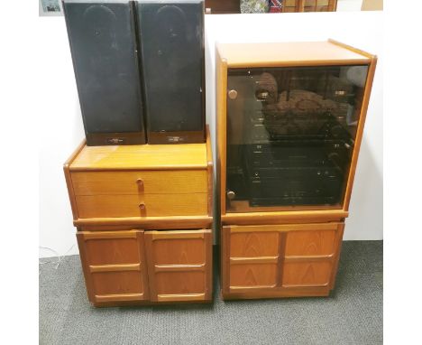 A mid century Nathan teak hi-fi cabinet with Pioneer sound system and a pair of Pioneer speakers (S-Z560) with a Nathan stere