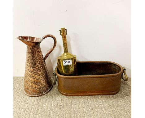A 19thC brass spit roast with a copper jug and planter