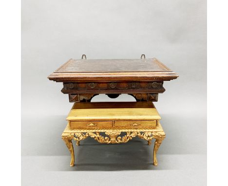 A 19thC carved mahogany clock bracket, size 34 x 23 x 25cm. Together with a small gilt wood table with two draws.