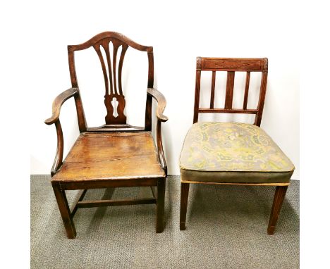 An early 20thC oak hall chair together with a further tapestry upholstered chair, largest H. 96.5cm.
