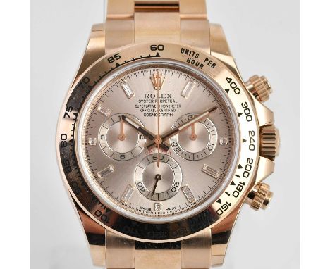 Standard VAT ROLEX; a gentleman's 18ct rose gold Oyster Perpetual Cosmograph Daytona wristwatch, with diamond hour markers to