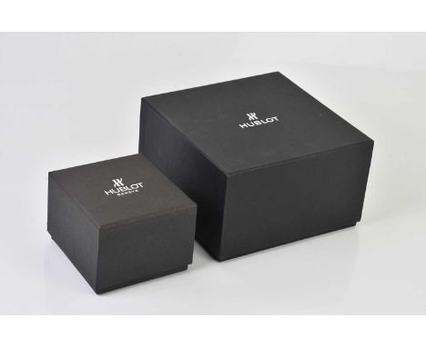 Standard VAT HUBLOT; an inner and outer box for a wristwatch, width 19.75cm, and a simple cardboard box for a Hublot watch (2
