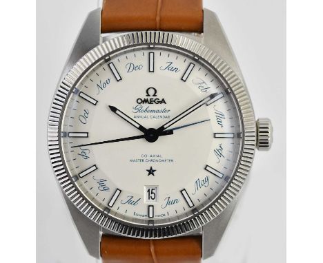 Standard VAT OMEGA; a gentleman's stainless steel Globemaster Annual Calendar Co-Axial wristwatch, with baton markers to the 