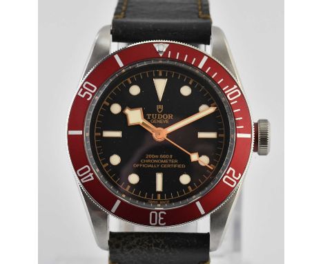 Standard VAT TUDOR; a gentleman's stainless steel Heritage Black Bay wristwatch with black dial, red bezel, fabric strap and 